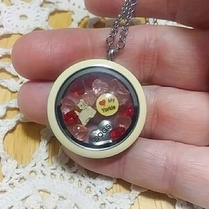 Floating Jewelry Necklace with floating Yorkie doggie charms and hearts, NWOT